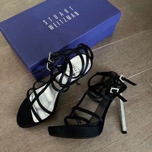 Stuart Weitzman Black satin dress sandals with rhinestone heels and buckles